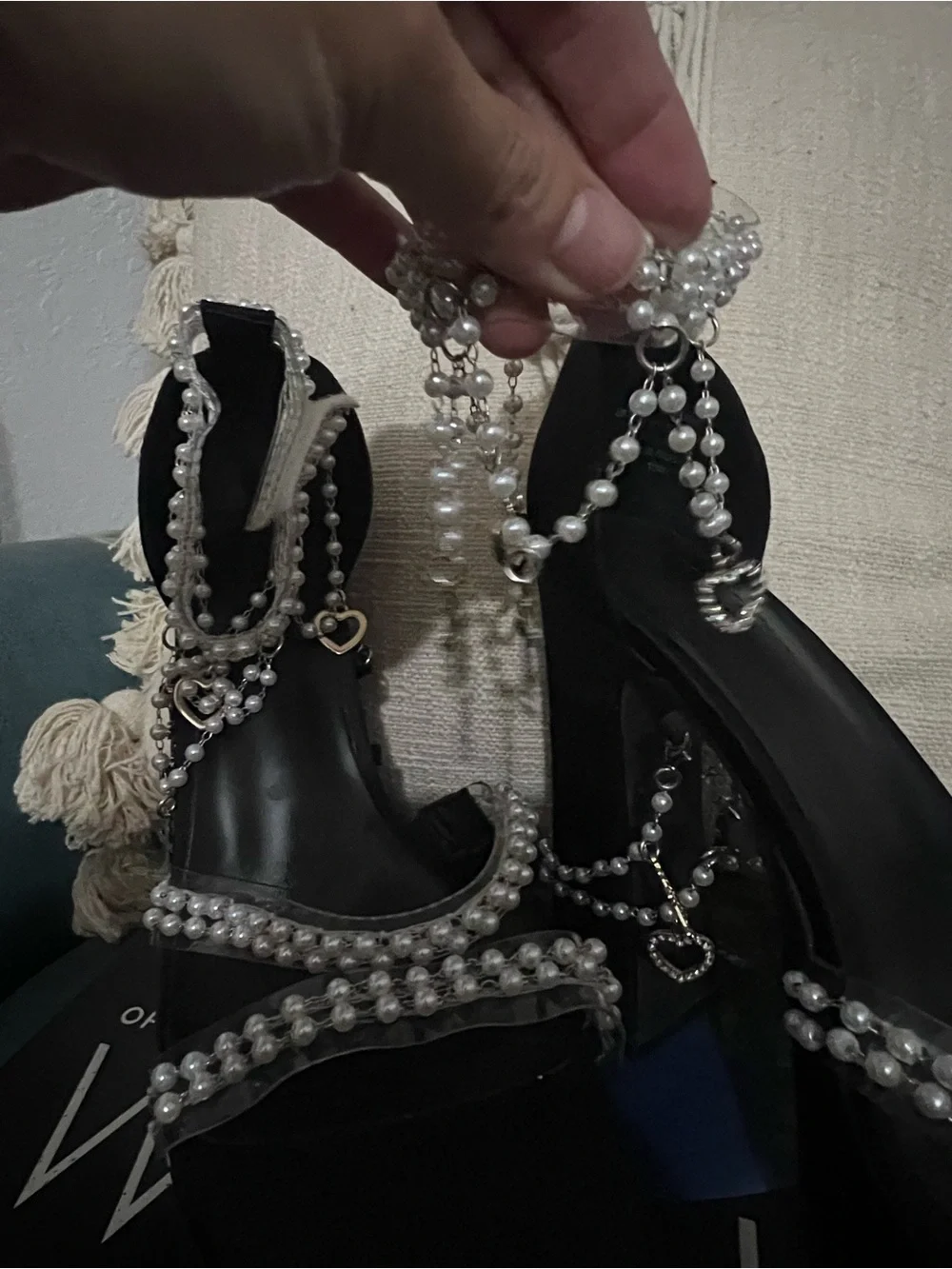 Black Pearl-Embellished Platform Heels